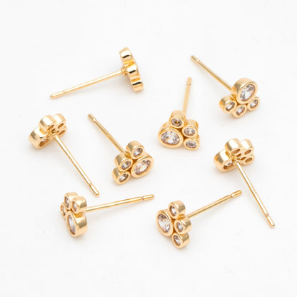 4pcs CZ Pave Pet Paw Print Ear Posts 6x7mm, Gold Plated Brass Stud Earring (GB-3384)