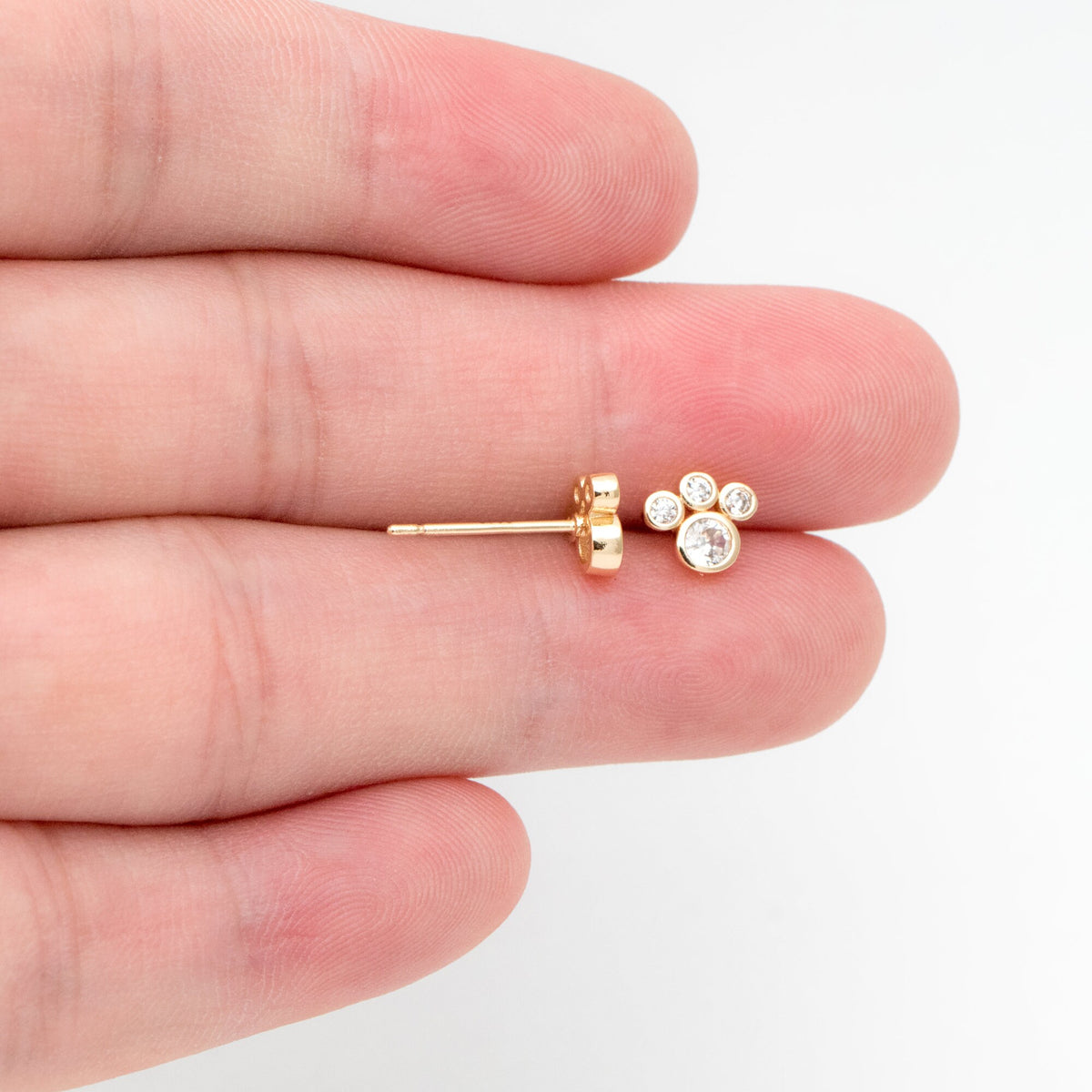 4pcs CZ Pave Pet Paw Print Ear Posts 6x7mm, Gold Plated Brass Stud Earring (GB-3671-B)