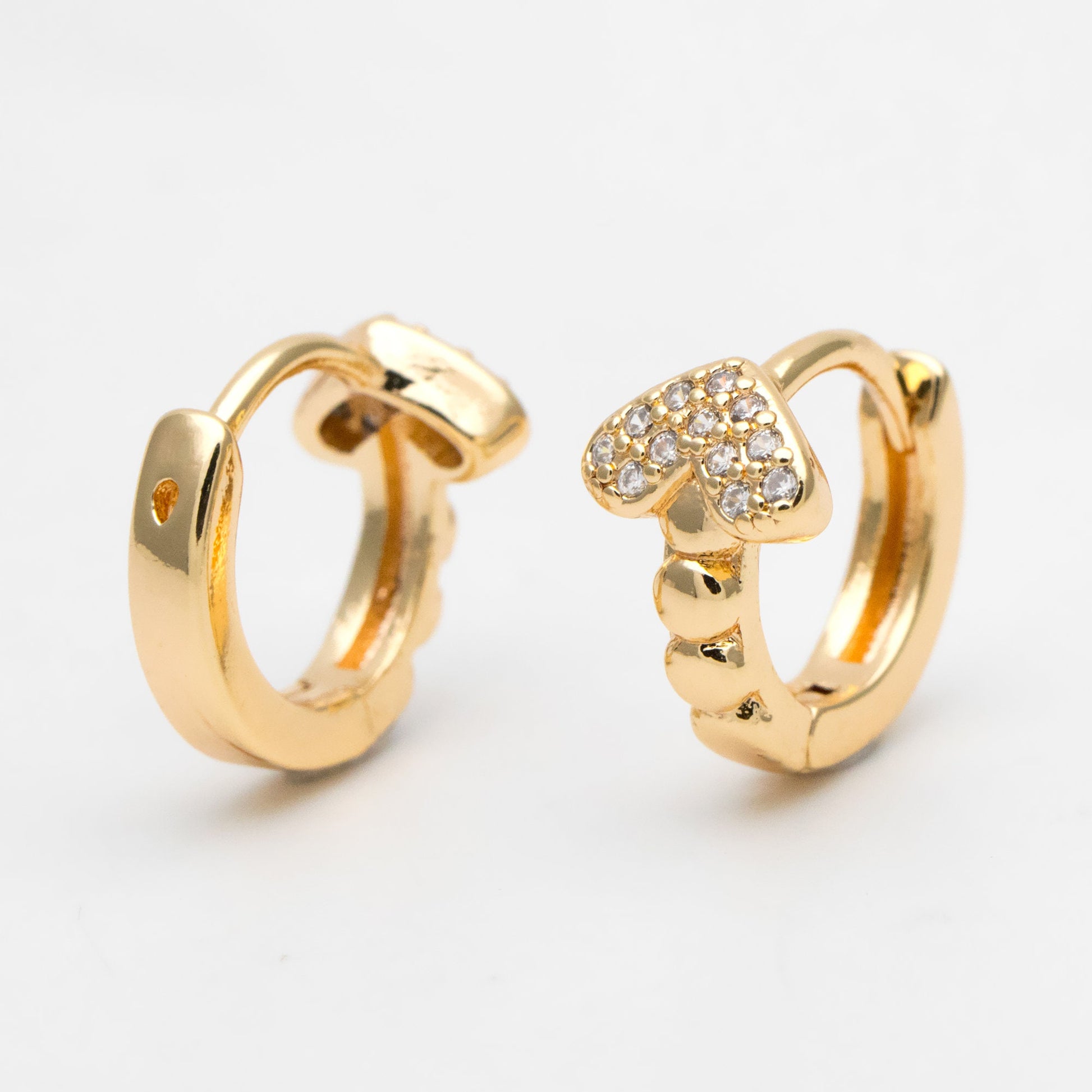4pcs CZ Pave Heart Hoop Earrings, 12mm, Dainty Huggie Earrings, Minimalist Earring, Gold Hoops Earring (GB-3477-G)