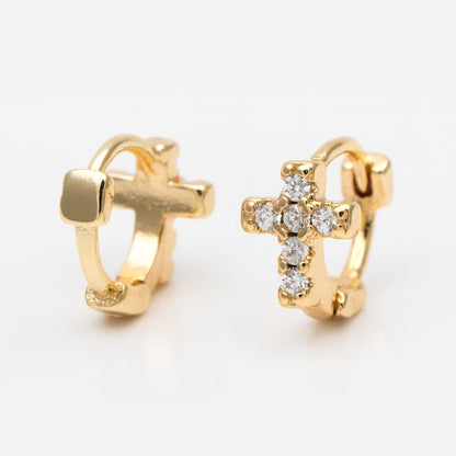 4pcs CZ Paved Tiny Cross Hoop Earrings, Tragus Hoop, Rook Hoop, Helix Hoop, Cartilage Hoop, Cartilage Clicker Hoop (GB-3474-C)