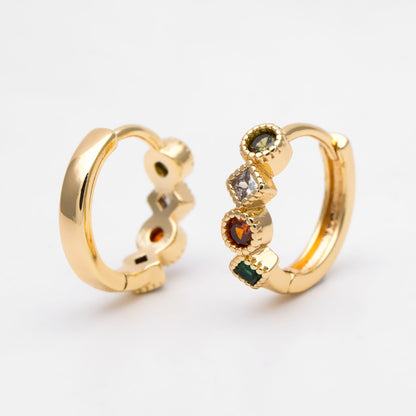 4pcs Rainbow CZ Pave Hoop Earrings: 18K Gold Huggie Earrings (GB-3453)