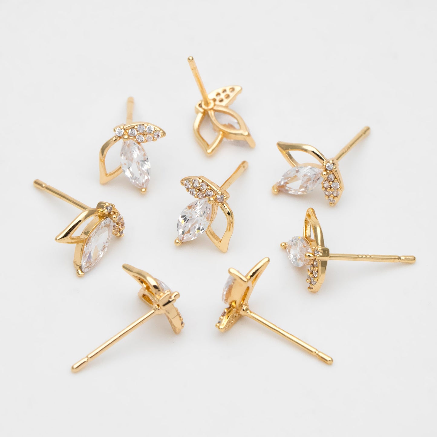 4pcs CZ Pave Gold Leaf Earring, Flower Earring, Gold Plated Brass, Jewelry Supplies (GB-3459)