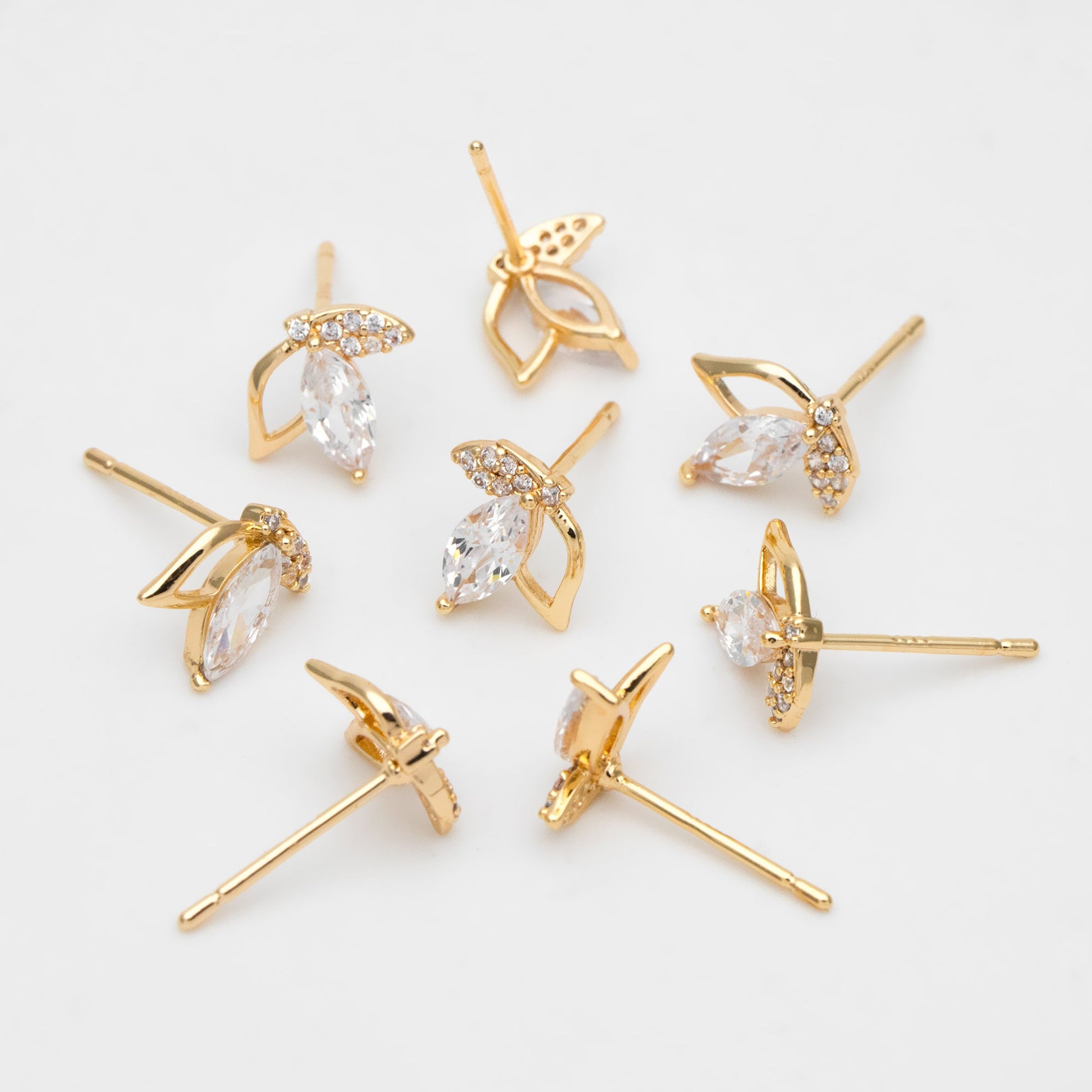 4pcs CZ Pave Gold Leaf Earring, Flower Earring, Gold Plated Brass, Jewelry Supplies (GB-3459)