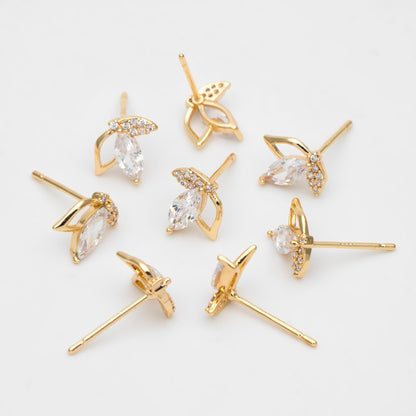 4pcs CZ Pave Gold Leaf Earring, Flower Earring, Gold Plated Brass, Jewelry Supplies (GB-3459)