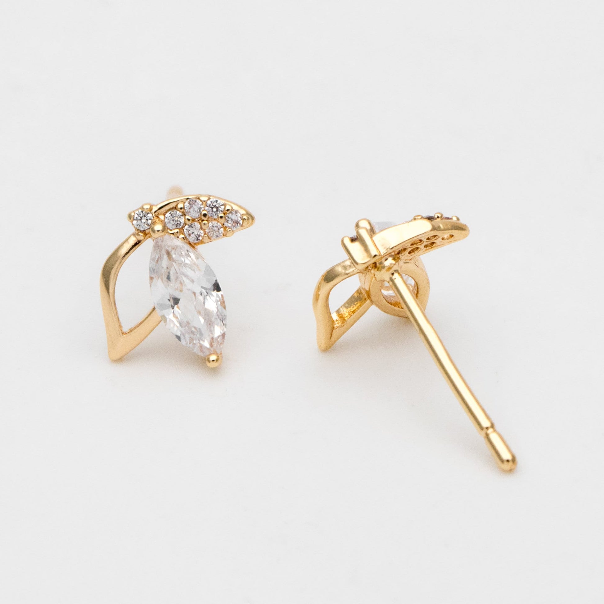 4pcs CZ Pave Gold Leaf Earring, Flower Earring, Gold Plated Brass, Jewelry Supplies (GB-3459)