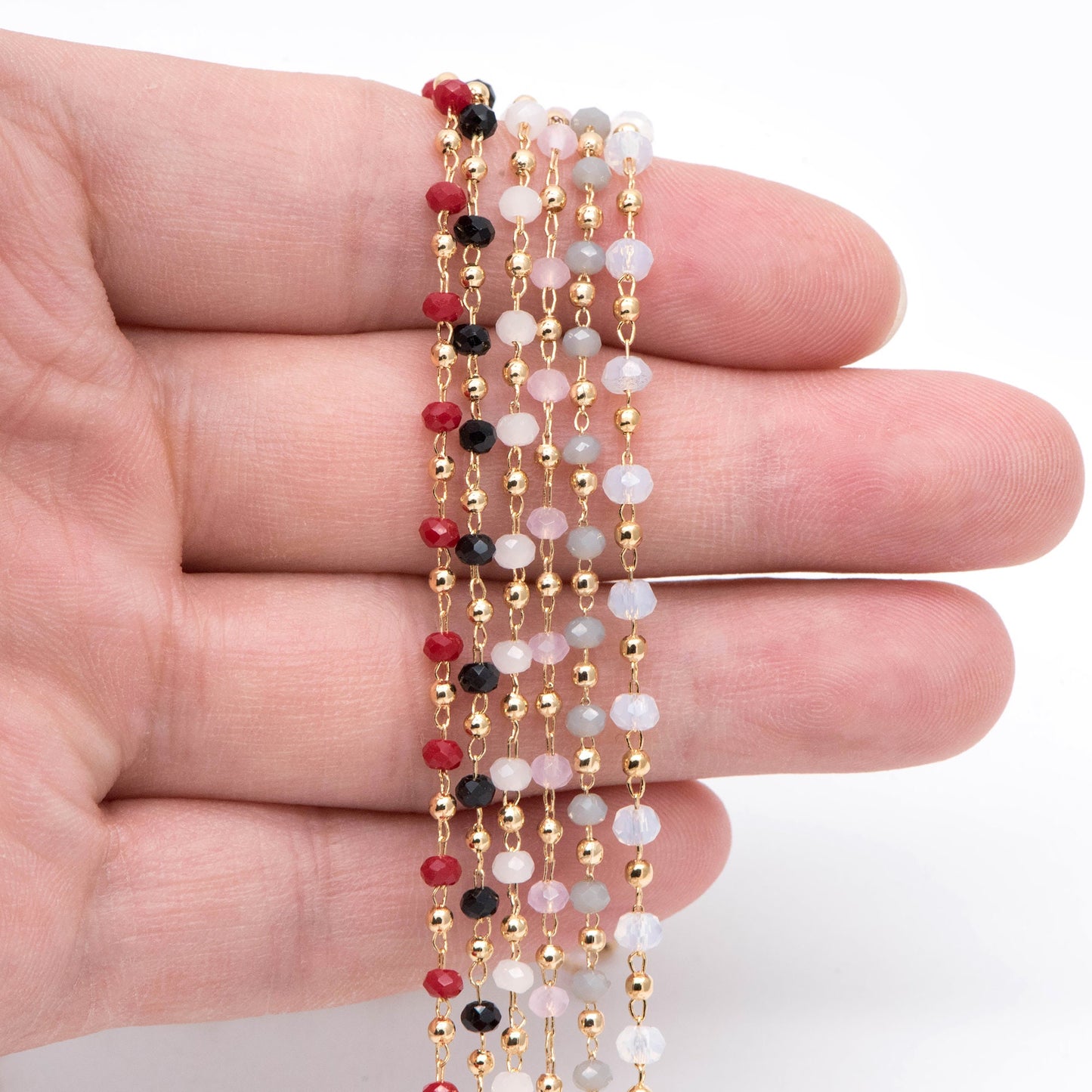 Gold Crystal Beaded Chains, Gold plated Brass Cable Chain, 3mm Glass Rondelles with 2mm Gold Round Beads (#LK-200)/ 1 Meter=3.3 ft