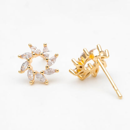4pcs CZ Pave Gold Flower Ear Posts 10mm, Gold Plated Brass Hoop Earrings (GB-3377)