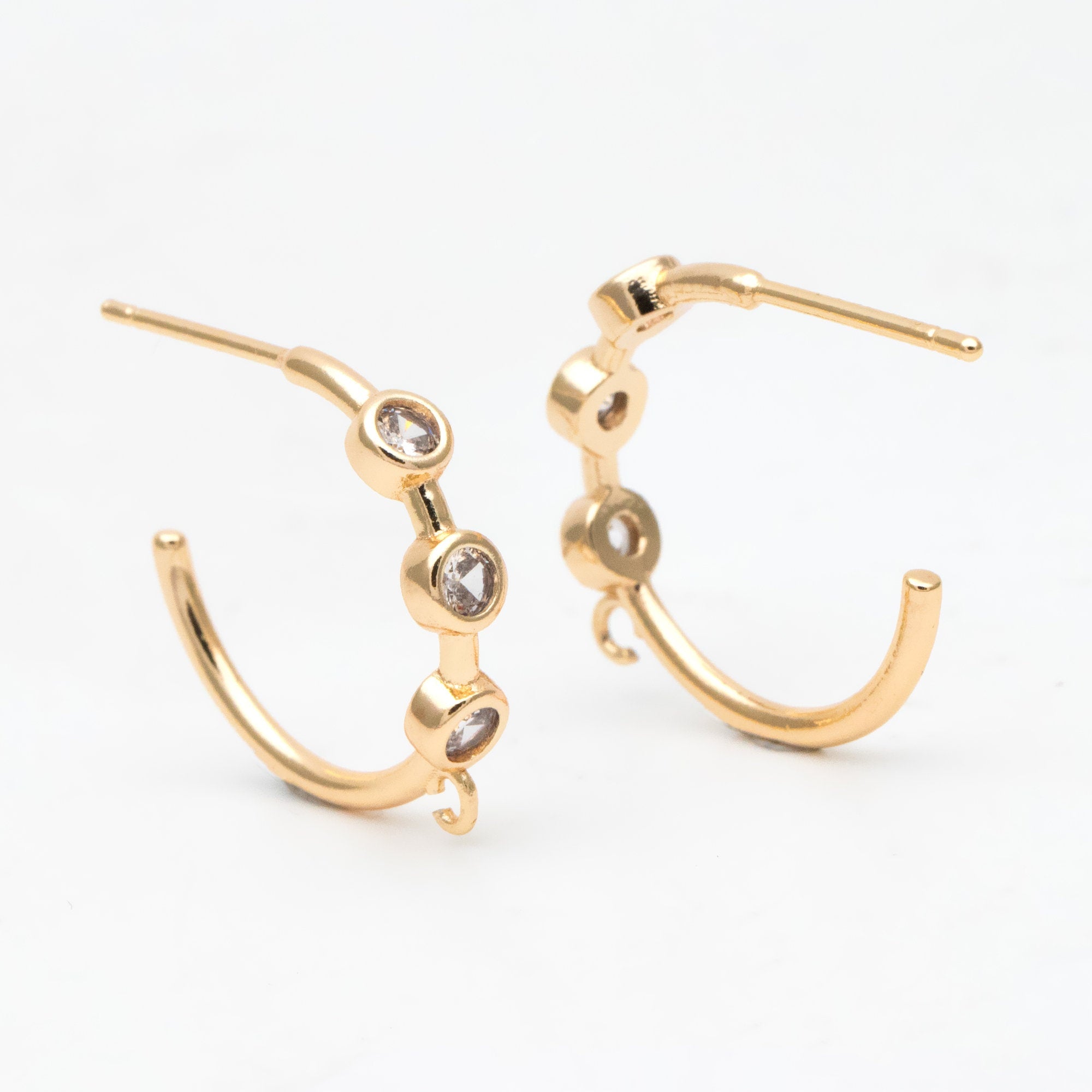 4pcs CZ Pave Gold Hoop Earrings 18mm, Gold Plated Brass, Round Circle Earrings (#GB-3398)
