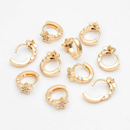 4pcs CZ Paved Tiny Star Hoop Earrings, Round Leverback Ear Hooks, 18K Gold plated Brass, Cartilage Hoop (GB-3399-A)