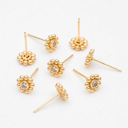 10pcs CZ Pave Gold Flower Ear Posts 7mm, Gold Plated Brass Stud Earrings, DIY Ear Findings (GB-3406)
