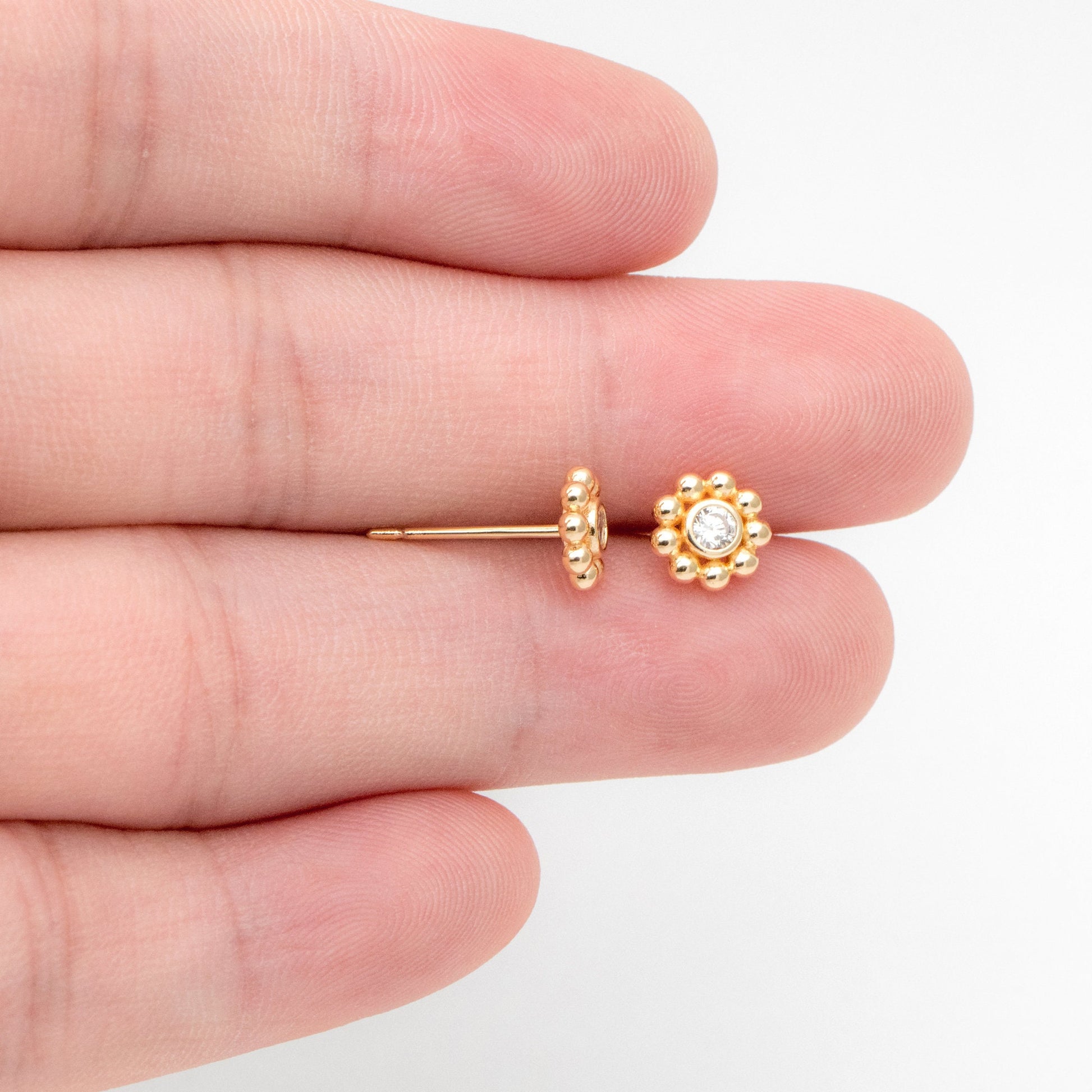 10pcs CZ Pave Gold Flower Ear Posts 7mm, Gold Plated Brass Stud Earrings, DIY Ear Findings (GB-3406)