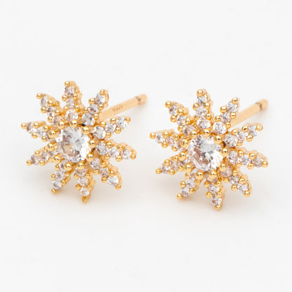 4pcs CZ Pave Gold Flower Ear Posts 10mm, Earring Findings, Jewelry Making, Diy Material, Jewelry Supplies (GB-3407)