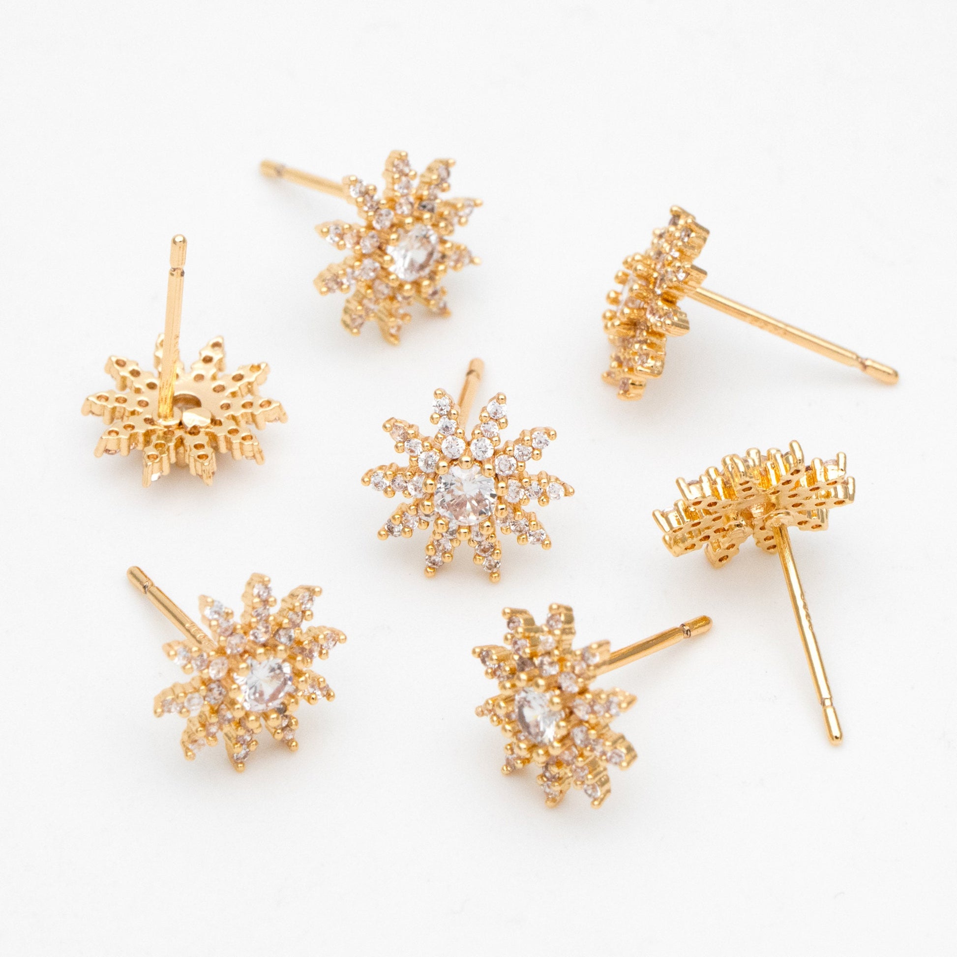 4pcs CZ Pave Gold Flower Ear Posts 10mm, Earring Findings, Jewelry Making, Diy Material, Jewelry Supplies (GB-3407)