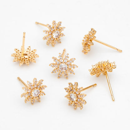 4pcs CZ Pave Gold Flower Ear Posts 10mm, Earring Findings, Jewelry Making, Diy Material, Jewelry Supplies (GB-3407)