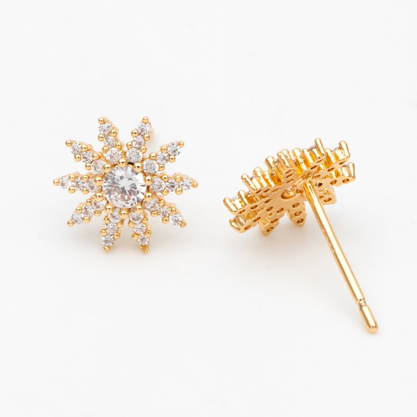 4pcs CZ Pave Gold Flower Ear Posts 10mm, Earring Findings, Jewelry Making, Diy Material, Jewelry Supplies (GB-3407)