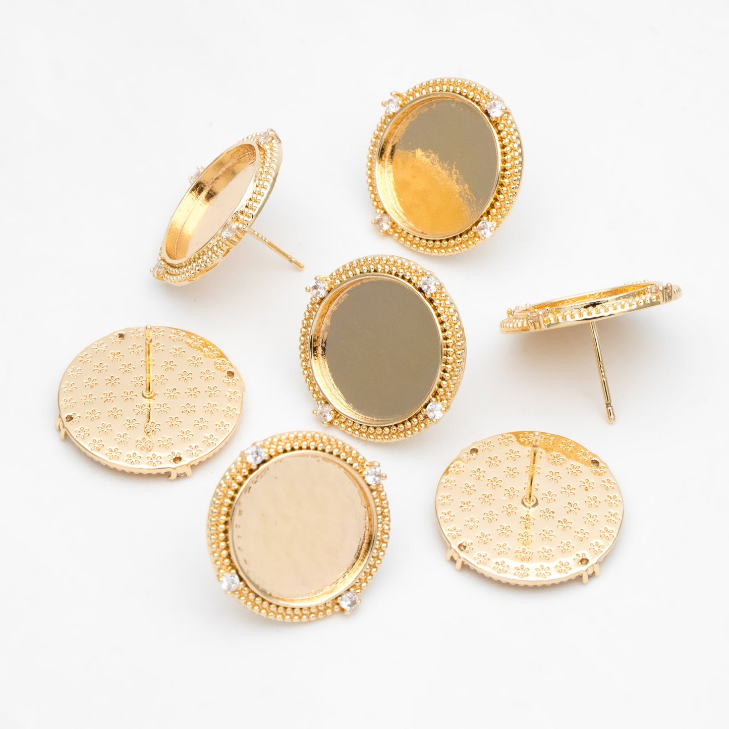 4pcs CZ Pave Gold Blank Base Tray Cabochon Earring Setting, Gold plated Brass Bezel Cabochon Ear Post (GB-3411)