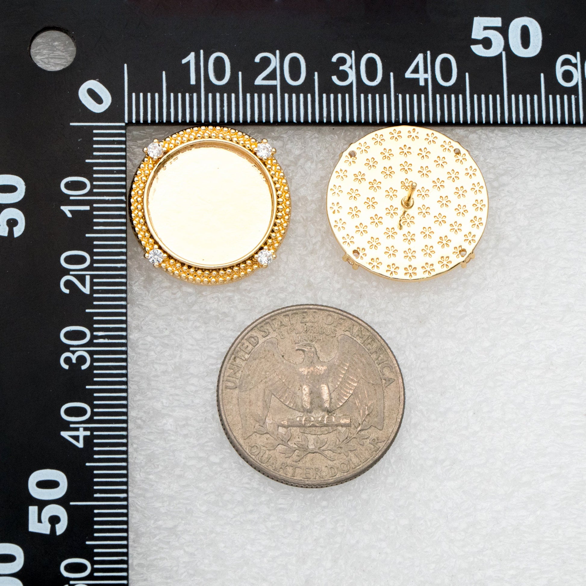 4pcs CZ Pave Gold Blank Base Tray Cabochon Earring Setting, Gold plated Brass Bezel Cabochon Ear Post (GB-3411)