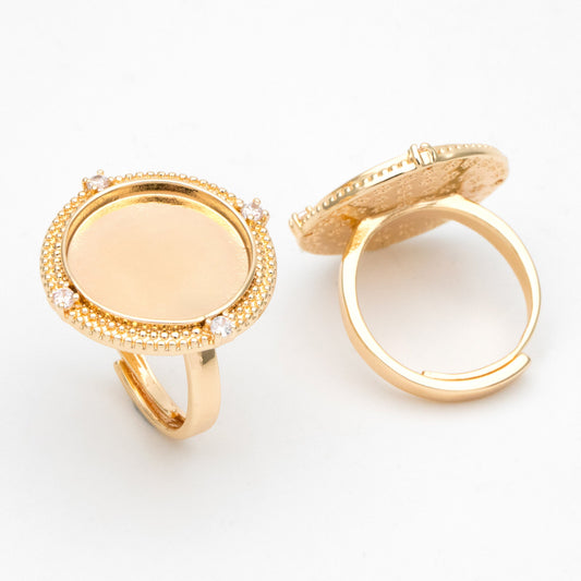 4pcs CZ Pave Gold Blank Base Tray Cabochon Ring Setting, Gold plated Brass Bezel Cabochon Adjustable Ring (#JZ-050)