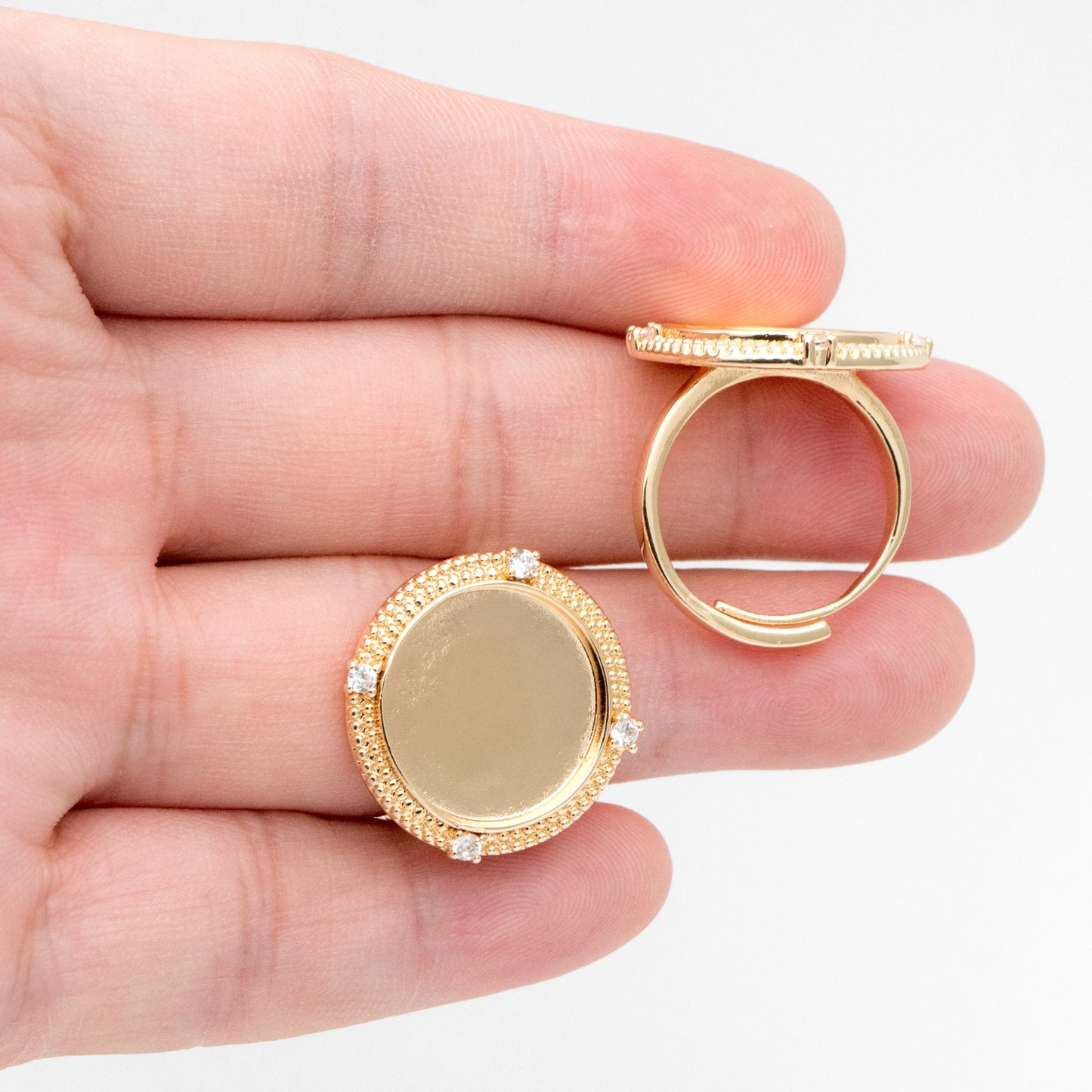 4pcs CZ Pave Gold Blank Base Tray Cabochon Ring Setting, Gold plated Brass Bezel Cabochon Adjustable Ring (#GB-3415)