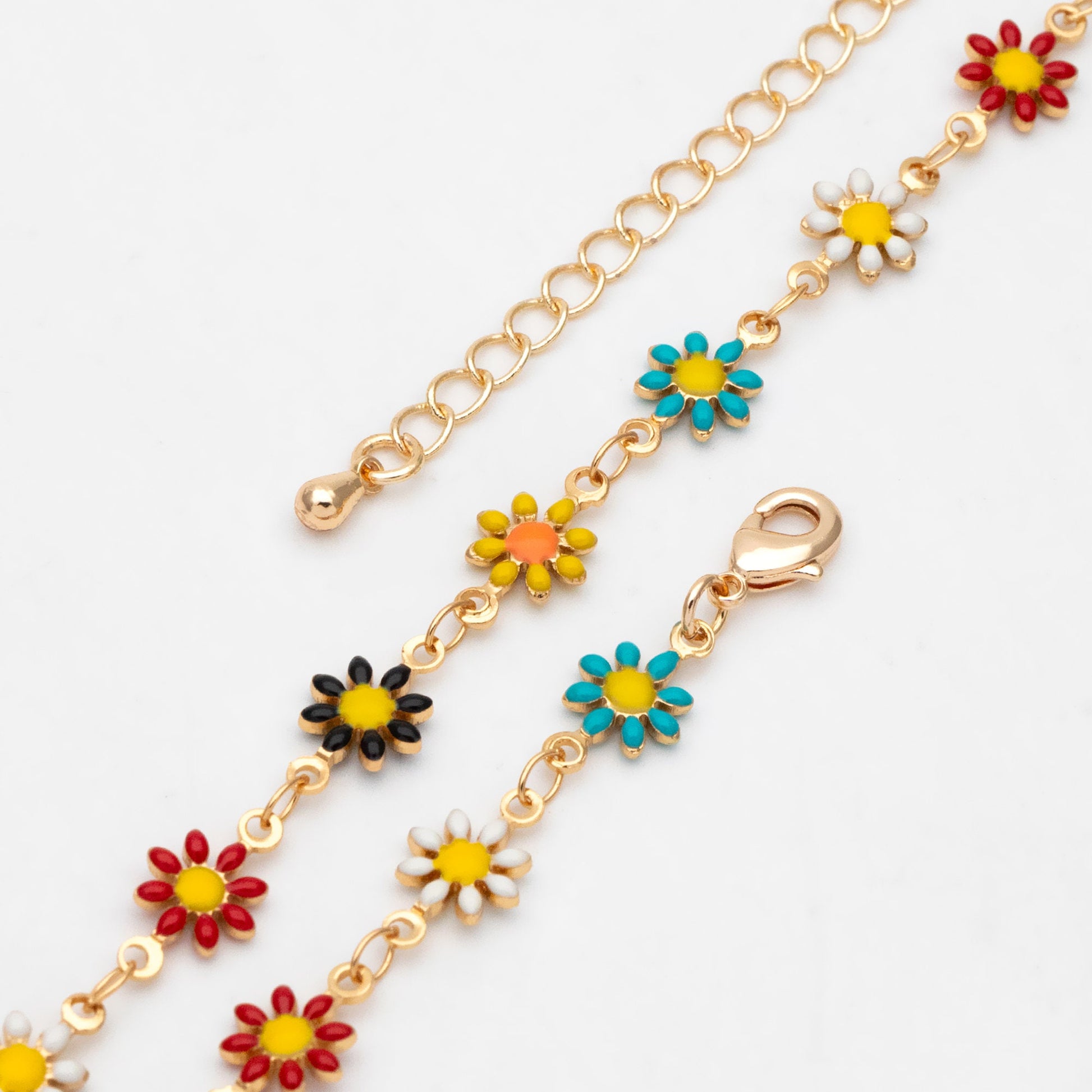Gold Enamel Flower Chain, Daisy Chain, Finished Bracelet/ Anklet/ Necklace with Extender Chain, Ready to Wear (#LK-578-4)