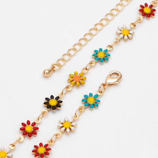 Gold Enamel Flower Chain, Daisy Chain, Finished Bracelet/ Anklet/ Necklace with Extender Chain, Ready to Wear (#LK-578-4)