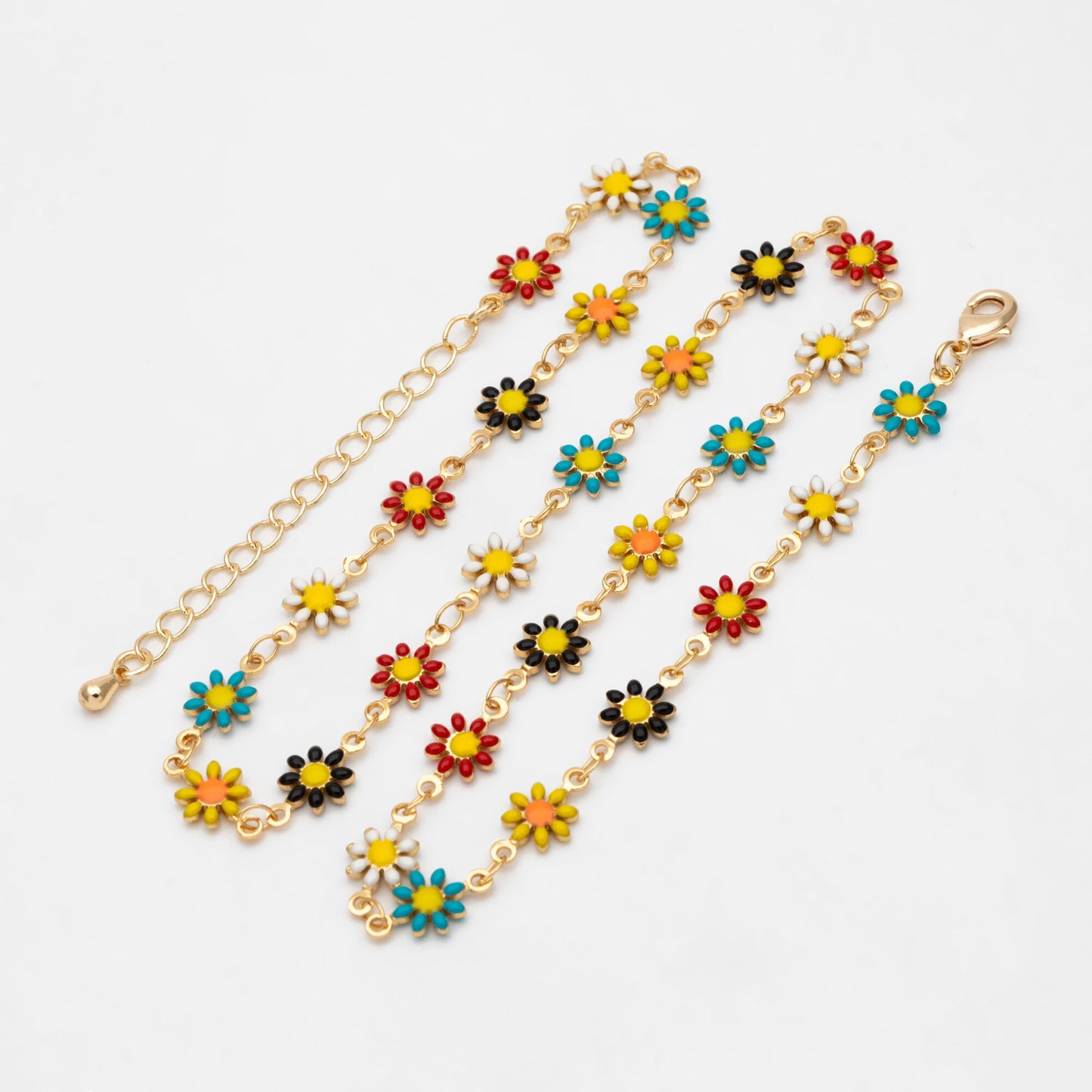 Gold Enamel Flower Chain, Daisy Chain, Finished Bracelet/ Anklet/ Necklace with Extender Chain, Ready to Wear (#LK-578-4)
