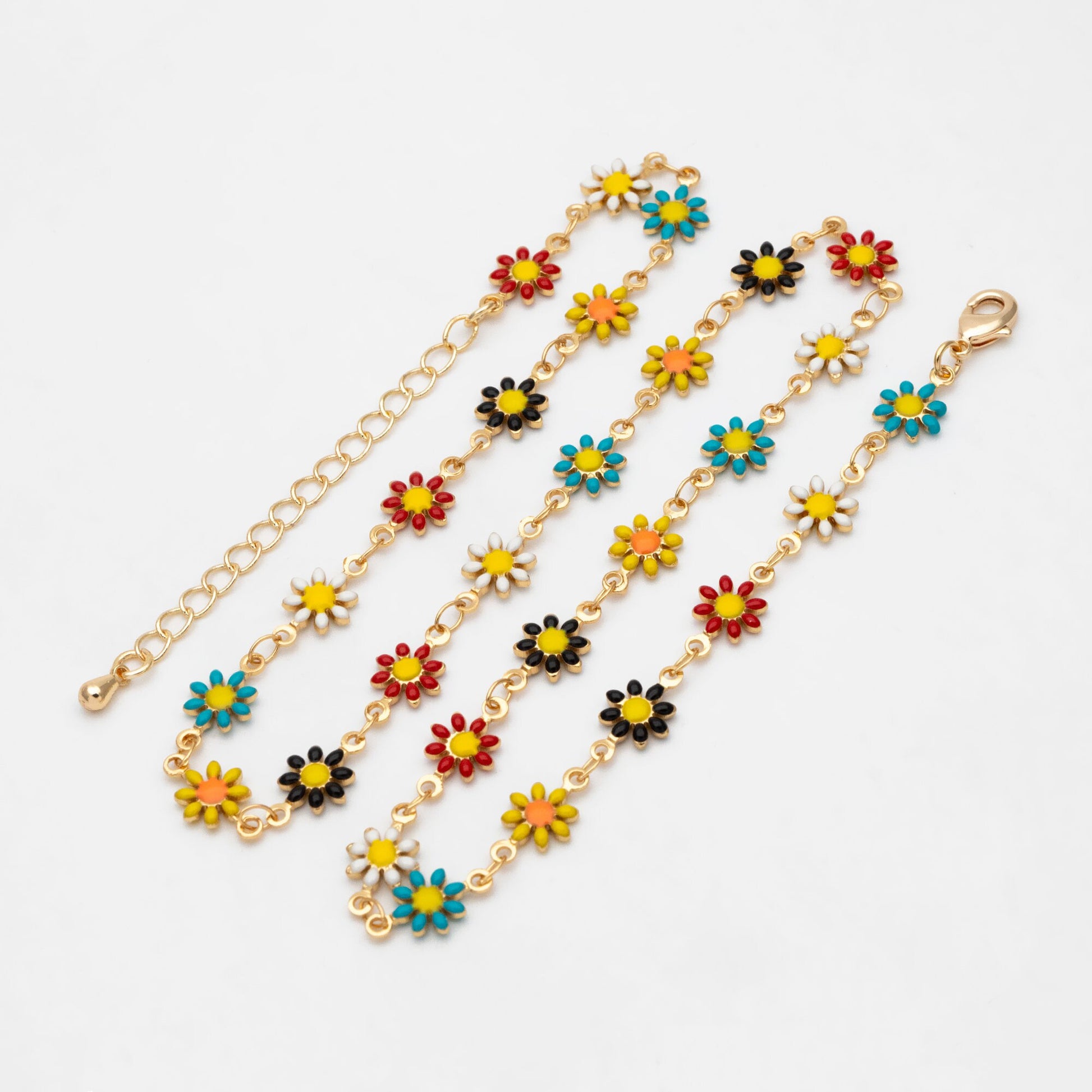 Gold Enamel Flower Chain, Daisy Chain, Finished Bracelet/ Anklet/ Necklace with Extender Chain, Ready to Wear (#LK-578-4)