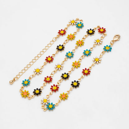 Gold Enamel Flower Chain, Daisy Chain, Finished Bracelet/ Anklet/ Necklace with Extender Chain, Ready to Wear (#LK-578-4)