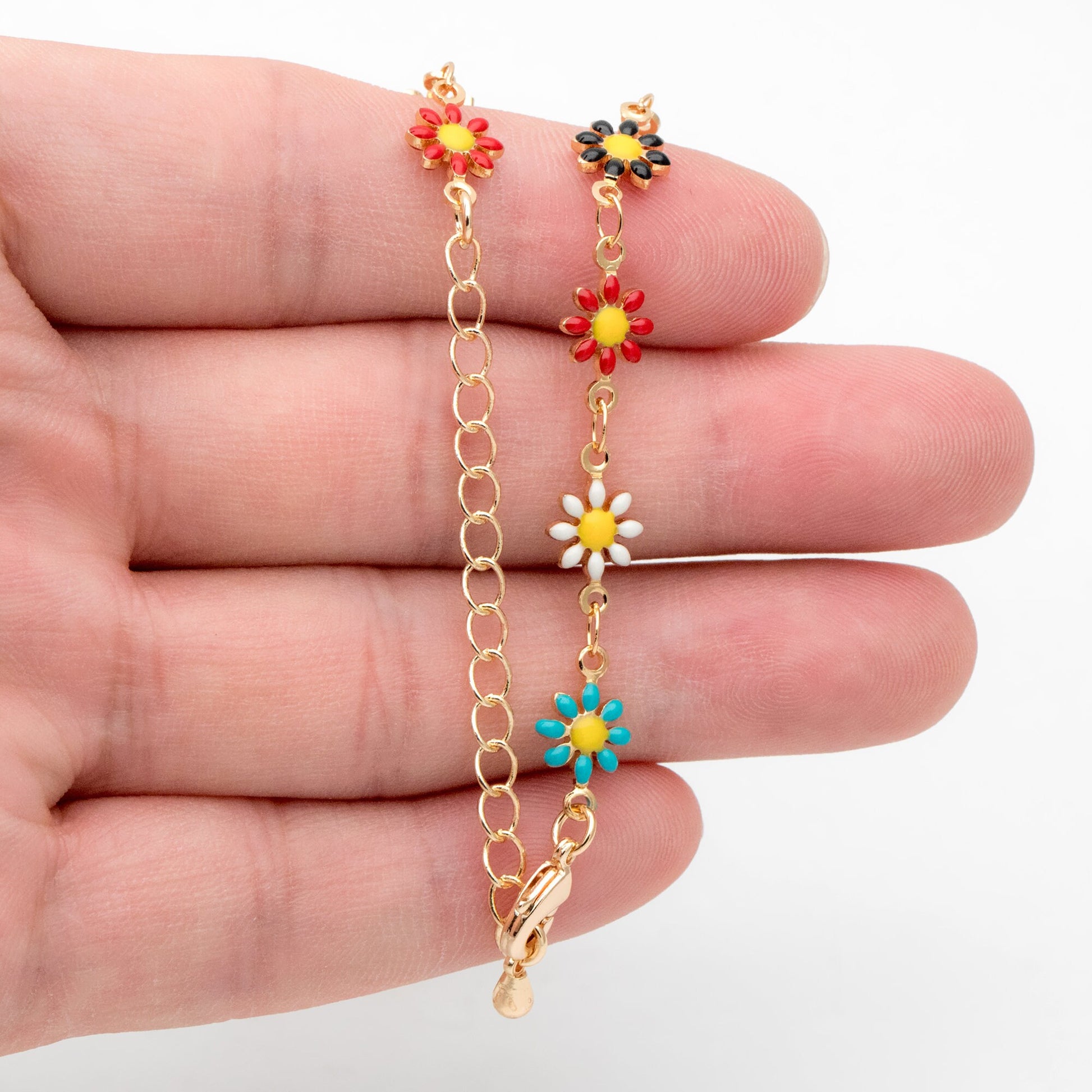 Gold Enamel Flower Chain, Daisy Chain, Finished Bracelet/ Anklet/ Necklace with Extender Chain, Ready to Wear (#LK-578-4)