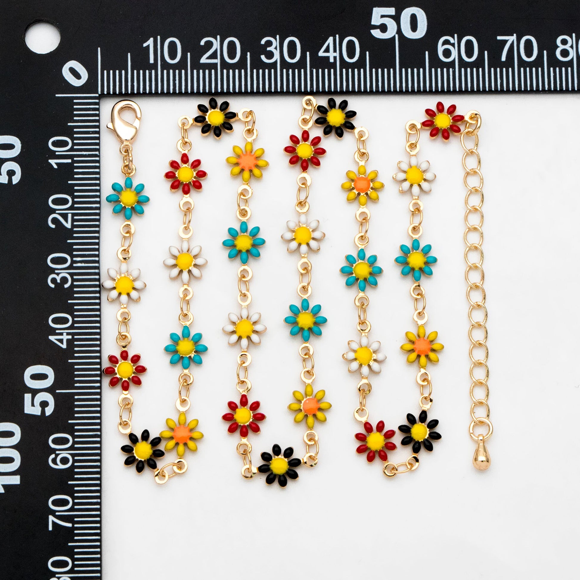 Gold Enamel Flower Chain, Daisy Chain, Finished Bracelet/ Anklet/ Necklace with Extender Chain, Ready to Wear (#LK-578-4)