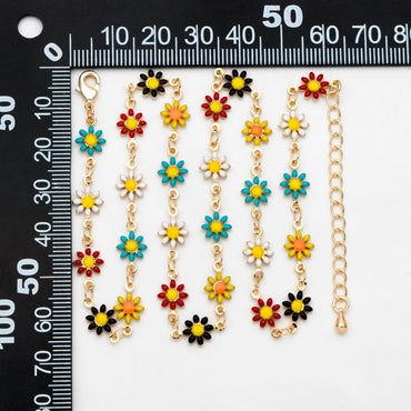 Gold Enamel Flower Chain, Daisy Chain, Finished Bracelet/ Anklet/ Necklace with Extender Chain, Ready to Wear (#LK-578-4)