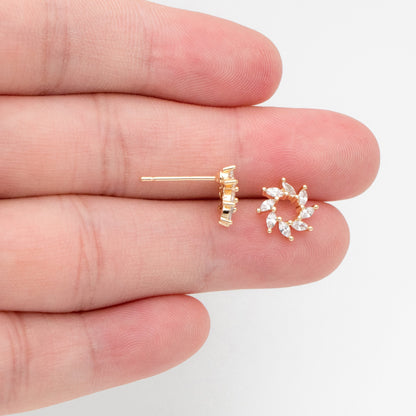4pcs CZ Pave Gold Flower Ear Posts 10mm, Gold Plated Brass Hoop Earrings (GB-3377)