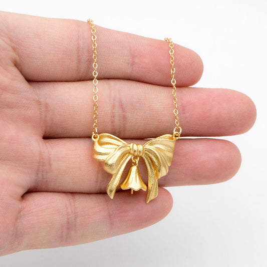 Matte Gold Bowknot Necklace, Christmas Gift for her, Bow Knot Necklace with Pendants (#GB-3471)