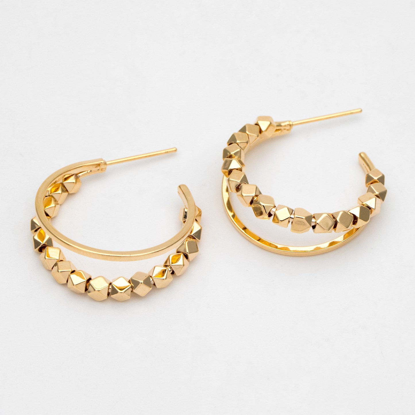 4pcs Gold Plated Beaded Hoop Earrings: Geometric Huggie Studs, 22mm/25mm (GB-3418)