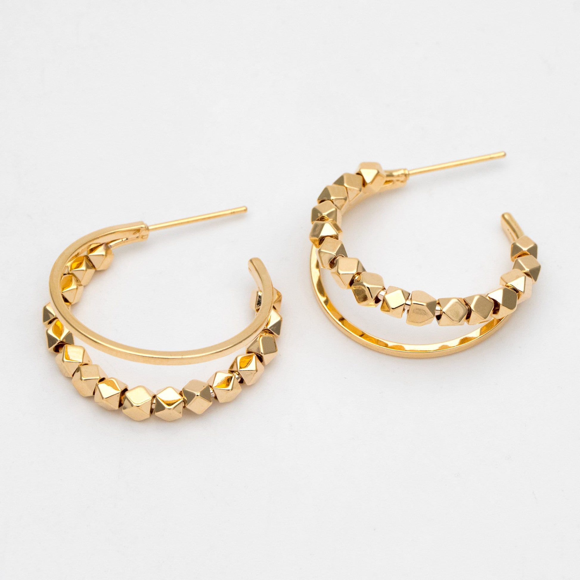 4pcs Gold Plated Beaded Hoop Earrings: Geometric Huggie Studs, 22mm/25mm (GB-3418)