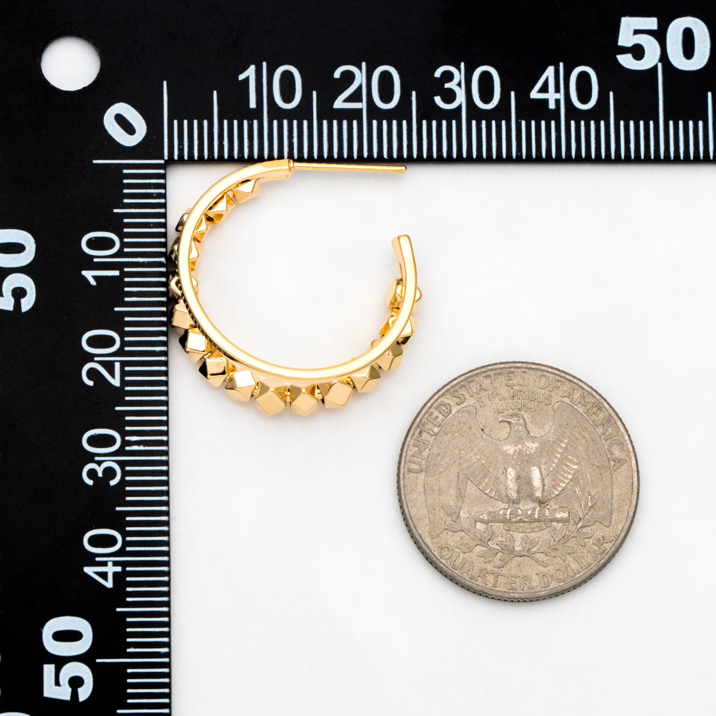 4pcs Gold Plated Beaded Hoop Earrings: Geometric Huggie Studs, 22mm/25mm (GB-3418)