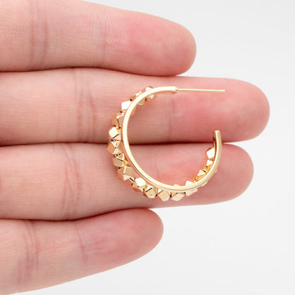4pcs Gold Plated Beaded Hoop Earrings: Geometric Huggie Studs, 22mm/25mm (GB-3418)