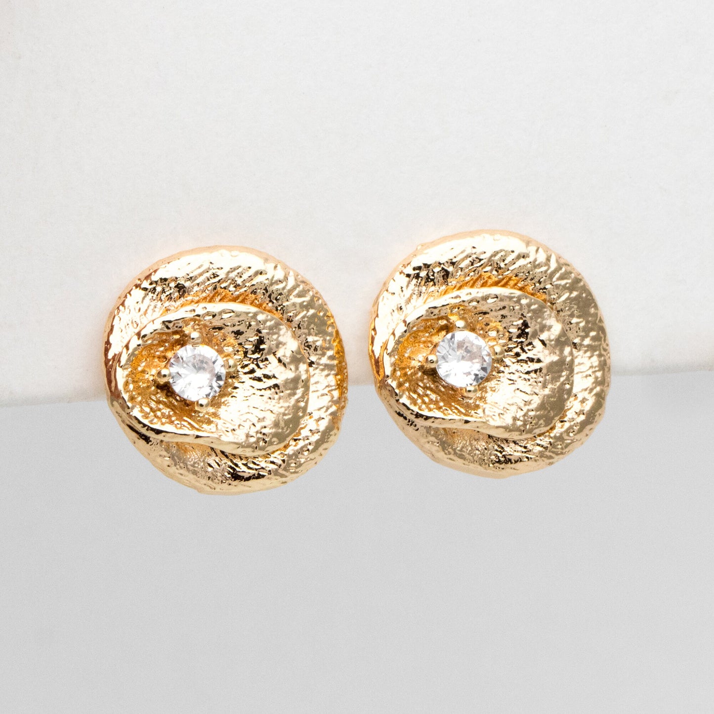 4pcs CZ Pave Gold Textured Round Earring with Loop, 14mm, 18K Gold plated Brass, Stud Earring Components (GB-3423)