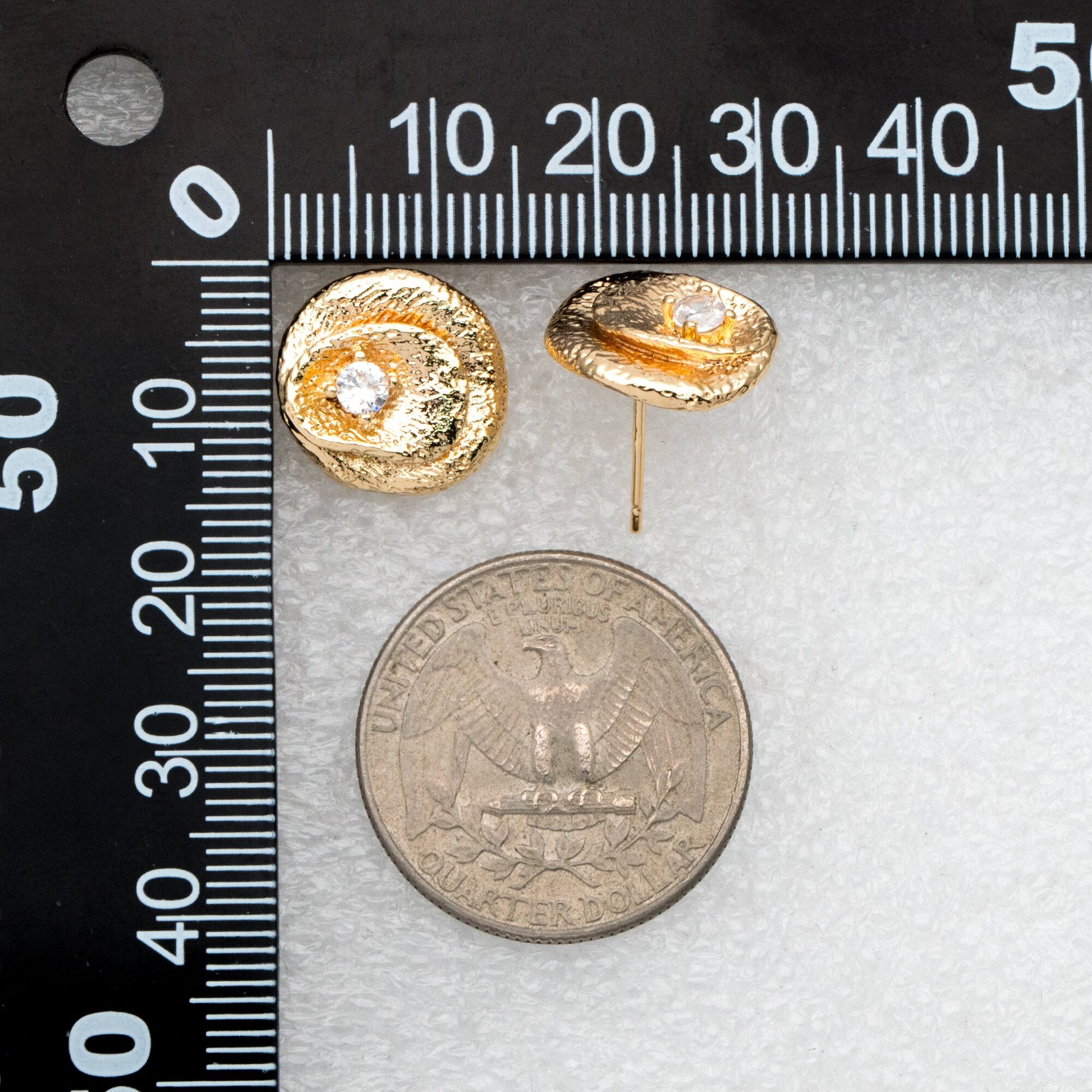 4pcs CZ Pave Gold Textured Round Earring with Loop, 14mm, 18K Gold plated Brass, Stud Earring Components (GB-3423)