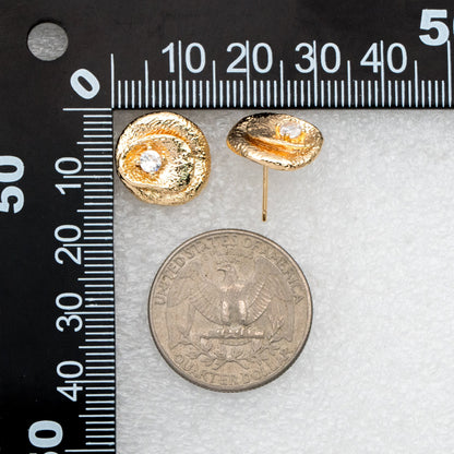 4pcs CZ Pave Gold Textured Round Earring with Loop, 14mm, 18K Gold plated Brass, Stud Earring Components (GB-3423)