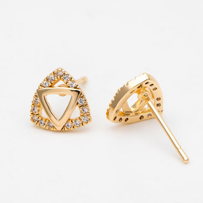4pcs CZ Pave Triangle Earrings 8mm, 18K Gold Plated Brass, Triangle Stud Earrings (#GB-3434)