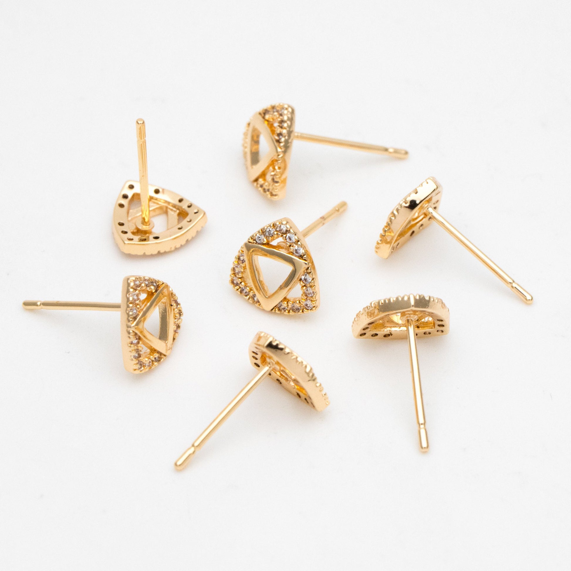4pcs CZ Pave Triangle Earrings 8mm, 18K Gold Plated Brass, Triangle Stud Earrings (#GB-3434)