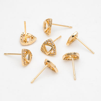 4pcs CZ Pave Triangle Earrings 8mm, 18K Gold Plated Brass, Triangle Stud Earrings (#GB-3434)