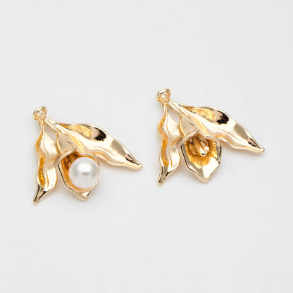 10pcs Gold Flower Charms, Gold plated Brass, Pearl Peg Mounts, Half Drilled Pearl Settings (GB-3770-F)
