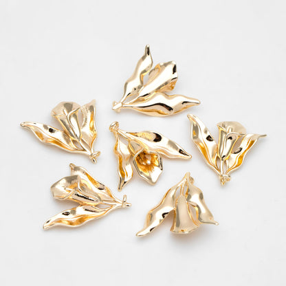 10pcs Gold Flower Charms, Gold plated Brass, Pearl Peg Mounts, Half Drilled Pearl Settings (GB-3770-F)