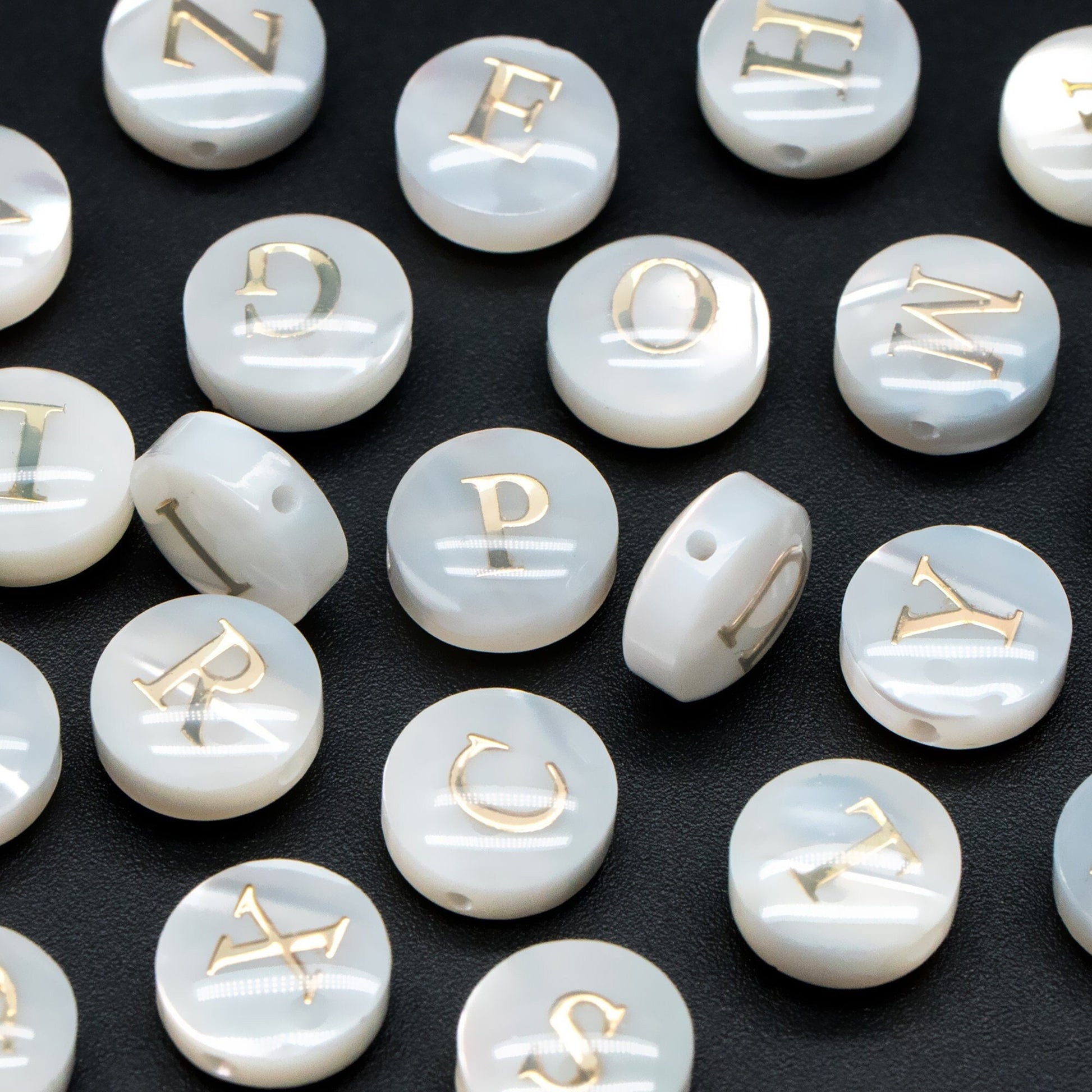 8mm Shell Alphabet Beads, English Letter Beads, Round Coin Letter Charms, Personalized Initial Charms, You Choose Letter (V1404)