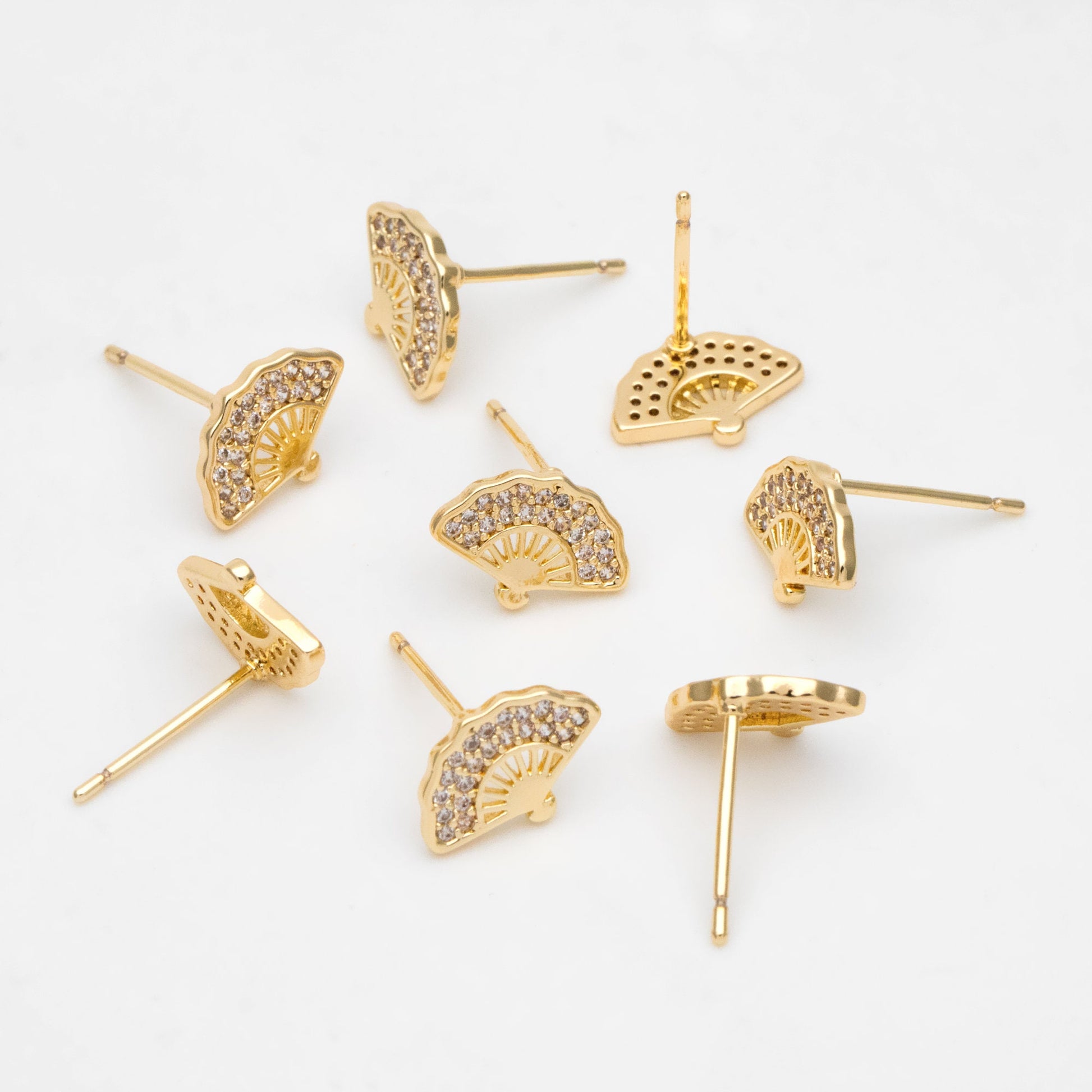 4pcs CZ Pave Gold Fan Shape Earring Posts, Gold Plated Brass Fan Stud Earrings (#GB-3481)