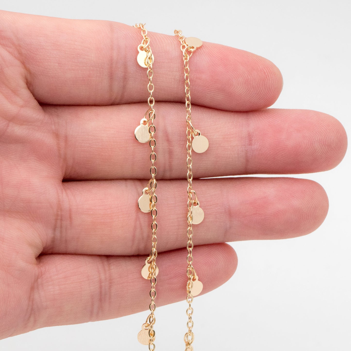 Gold/ Silver Tone Chain with 4mm Round Disc Charms, Real Gold/ Rhodium plated Brass Chain (#LK-458)/ 1 Meter=3.3ft
