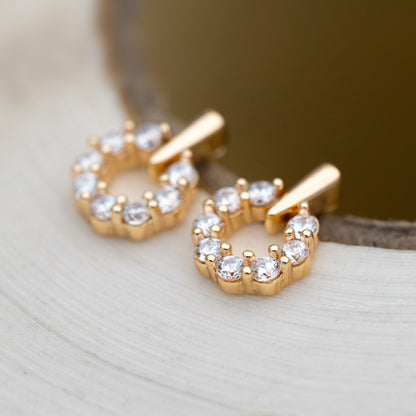 4pcs CZ Pave Round Ear Posts 11x8mm, Gold Plated Brass Circle Stud Earrings (#GB-3445)
