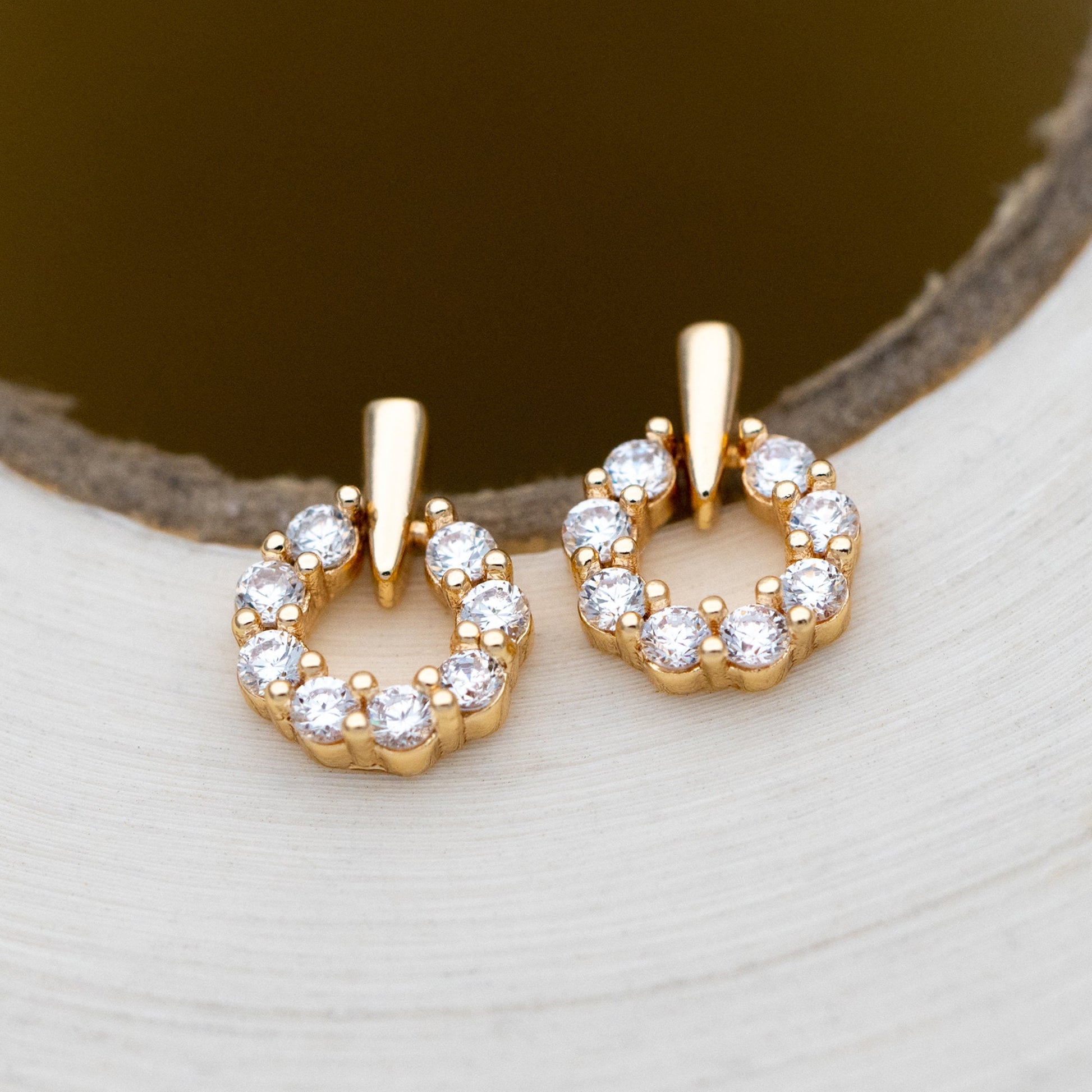4pcs CZ Pave Round Ear Posts 11x8mm, Gold Plated Brass Circle Stud Earrings (#GB-3445)